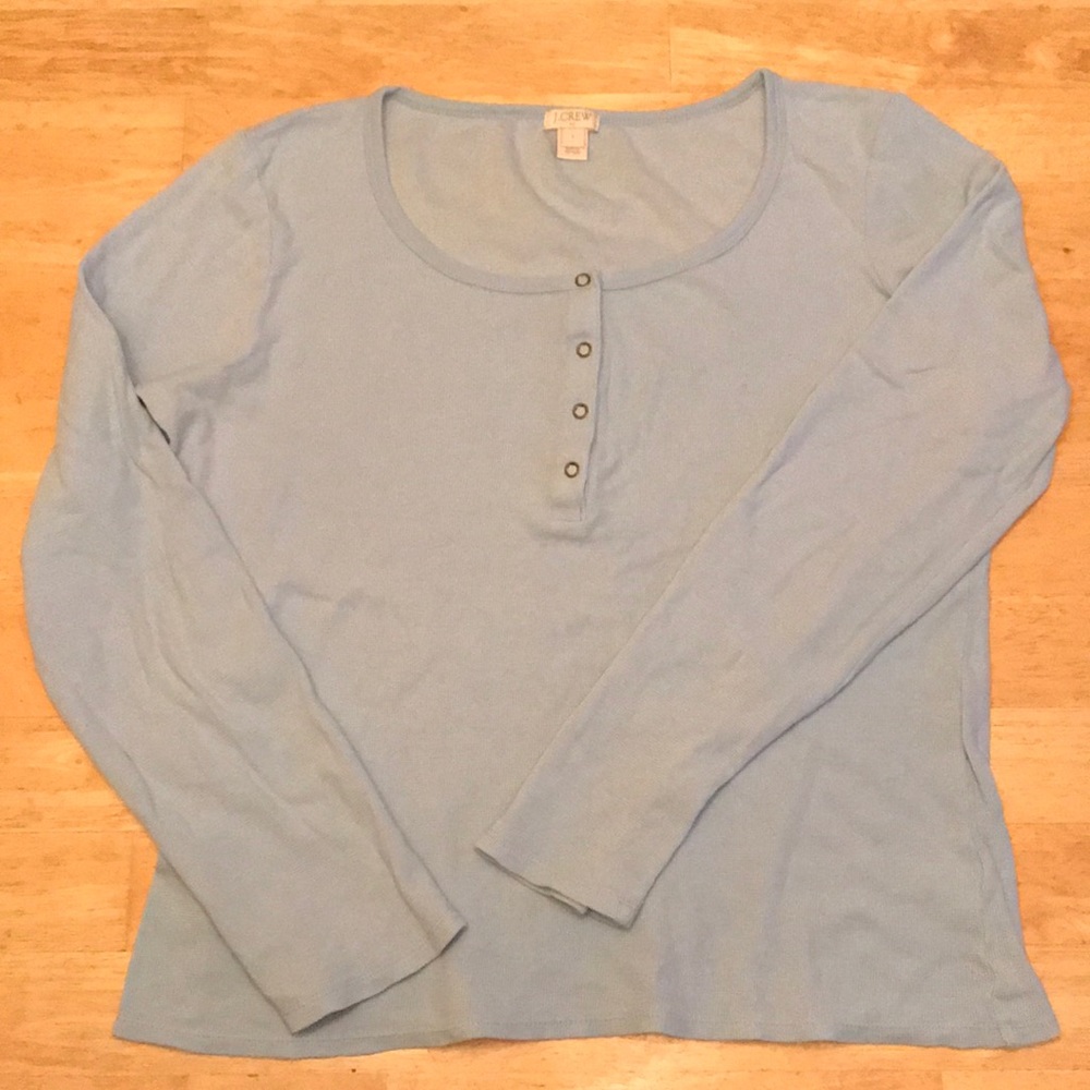 J Crew Cotton Waffle Knit Scoop Neck Long Sleeve Henley in Blue